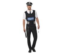 Smiffys Policeman Instant Kit, Black with Vest, Mock Shirt, Hat and Handcuffs, Cops & Robbers Fancy Dress, Cops and Robbers Dress Up Costumes