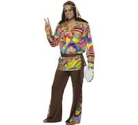 Smiffys Psychedelic Hippie Man Costume, Multi-Coloured with Trousers, Shirt, Headband and Belt, 1960's Groovy Fancy Dress, Adult Dress Up Costumes