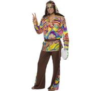Smiffys Psychedelic Hippie Man Costume, Multi-Coloured with Trousers, Shirt, Headband and Belt, 1960's Groovy Fancy Dress, Adult Dress Up Costumes