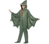 Smiffys Pterodactyl Dinosaur Costume, Green with Hooded Jumpsuit & Attached Wings, Children's Animal Fancy Dress, Animal Dress Up Costumes