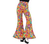Smiffys Ladies 70s Rainbow Peace Print Flared Trousers - High Waisted Retro Bell Bottom Fancy Dress Pants for Festivals, Hippie Themed Parties, Carnival, Halloween & Decades, Small