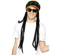 Smiffys Rasta Beret, Black & Yellow with Dreadlocks, Hawaiian Luau Fancy Dress, Hawaiian Dress Up Hats