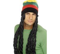 Smiffys Rasta Hat, Black with Long Deadlocks, Hawaiian Luau Fancy Dress, Adult Dress Up Wigs