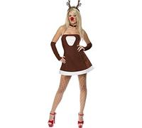 Smiffys Red Hot Reindeer Costume, Brown with Dress, Gloves, Nose and Choker, Fever Fancy Dress, Santa Dress Up Costumes