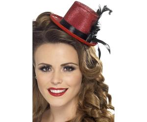 Smiffys Red Mini Tophat for Women with Black Ribbon and Feather, 1920s Gatsby Flapper Costume Hat, Vintage Fancy Dress Accessory for Roaring Twenties, Burlesque or Cabaret Party Outfits