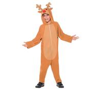 Smiffys Reindeer Costume, Brown with Hooded Jumpsuit, Christmas Children's Fancy Dress, Child Dress Up Costumes