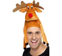 Smiffys Reindeer Hat, Brown - Funny Christmas Fancy Dress Hat with Red Nose & Antlers, Festive Novelty Headwear for Adults, Festive Office Parties, Xmas Events & Holiday Fun