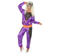 Smiffys Retro Shell Suit Costume, Ladies, Purple with Jacket & Trousers, 1980's Fancy Dress, 1980s Dress Up Costumes