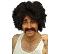 Smiffys Retro Wig & Tash, Brown , 1980's Fancy Dress, Adult Dress Up Wigs