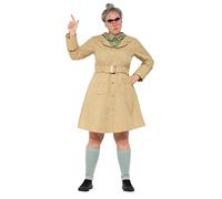 Smiffys Roald Dahl Deluxe Miss Trunchbull Costume, Beige with Long Coat, Legwarmers & Eyebrow, Officially Licensed Roald Dahl Fancy Dress, Adult Dress Up Costumes