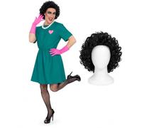 Smiffys Rocky Horror Frank N Furter Surgical Costume Wig Gloves Size M-XL | Official Rocky Horror surgical costume with teal heart motif gown, pink gloves, curly brown wig and pearl-style necklace.
