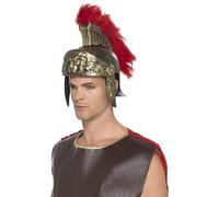 Smiffys Roman Spartan Helmet, Gold & Red Plastic, with Detachable Feather Plume, Historical Fancy Dress, Adult Dress Up Hats