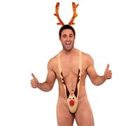 Smiffys Rudolf Kini for Men, Funny Christmas Novelty Mankini with Reindeer Face Design, Festive Fancy Dress Costume for Holiday Parties & Beach Celebrations