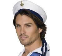 White Men's Sailor Hat - sailor hat fancy dress accessory mens costume smiffys navy captains adult band gold anchor whiteblue