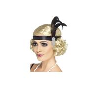 Smiffy's Satin Charleston Headband with Feather and Jewel Detail - Black, One Size (23893)