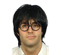 Mens Black Messy Wizard Boy Fancy Dress Wig with Round Glasses Book Day Adults