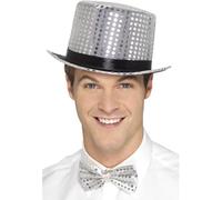 Smiffys Sequin Top Hat, Silver with Elastic Inner Rim, Party & Carnival Fancy Dress, Adult Dress Up Hats