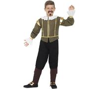 Smiffys Shakespeare Costume, Green Jacket, Trousers, Bootcovers, Tash & Goatee, Boys Fancy Dress, Child Dress Up Costumes
