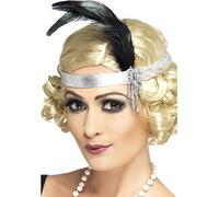 Smiffys Silver Satin Charleston Headband, Silver with Black Feather and Jewel, 1920's Razzle Fancy Dress, Adult Dress Up Accessories