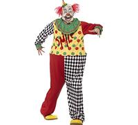 Smiffys Sinister Clown Costume, Black with Hooped Jumpsuit & Latex Full Overhead Mask, Halloween Cirque Sinister Fancy Dress, Clown Dress Up Costumes