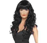 Smiffys Siren Wig, Black Long, Curly with Fringe, Ladies Glamour Wigs Fancy Dress, Adult Dress Up Wigs