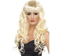 Smiffys Siren Wig, Blonde Long, Curly with Fringe, Ladies Glamour Wigs Fancy Dress, Adult Dress Up Wigs Halloween