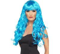 Smiffys Siren Wig, Blue Long, Curly with Fringe, Ladies Glamour Wigs Fancy Dress, Adult Dress Up Wigs