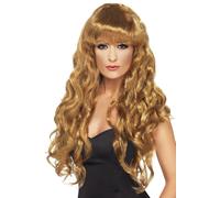 Smiffys Siren Wig, Brown Long, Curly with Fringe, Ladies Glamour Wigs Fancy Dress, Adult Dress Up Wigs