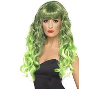 Smiffys Siren Wig, Green Green and Black, Long, Curly with Fringe, Ladies Glamour Wigs Fancy Dress, Adult Dress Up Wigs