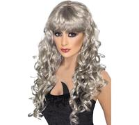 Smiffys Siren Wig, Silver Long, Curly with Fringe, Ladies Glamour Wigs Fancy Dress, Adult Dress Up Wigs