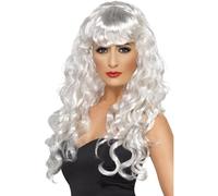 Smiffys Siren Wig, White Long, Curly with Fringe, Ladies Glamour Wigs Fancy Dress, Adult Dress Up Wigs Halloween