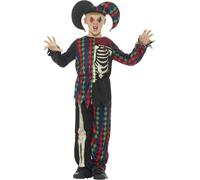 Smiffys Skeleton Jester Costume, Multi-Coloured with Top, Trousers & Hat, Halloween Child Fancy Dress, Jester Dress Up Costumes