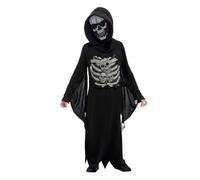 Smiffys Skeleton Reaper Costume, Black with Robe & Hooded Mask, Halloween Child Fancy Dress, Skeleton Dress Up Costumes