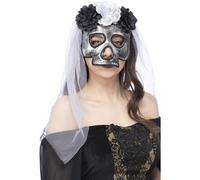 Smiffys Skull Bride Mask, with Veil, Halloween Fancy Dress Accessory, Bride Dress Up Masks