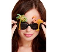 Smiffys Specs, Black with Flamingo and Palm Tree, Hawaiian Luau Fancy Dress, Hawaiian Dress Up Accessories