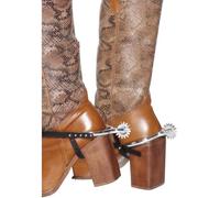 Smiffys Spurs, Silver with Black Straps, Cowboys and Indians Fancy Dress, Western Dress Up Accessories