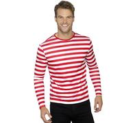 Smiffys Stripy T-Shirt, Red with Long Sleeve, Circus Fancy Dress, Adult Dress Up Costumes