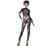 Smiffys Sugar Skull Cat Costume, Black with Printed Bodysuit, Mexican Day of The Dead/Sugar Fancy Dress, Adult Dress Up Costumes