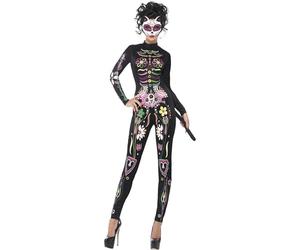 Smiffys Sugar Skull Cat Costume, Black with Printed Bodysuit, Mexican Day of The Dead/Sugar Fancy Dress, Adult Dress Up Costumes