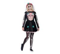 Smiffys Sugar Skull Sweetie Costume, Black with Dress & Headpiece, Halloween Adult Fancy Dress, Halloween Dress Up Costumes