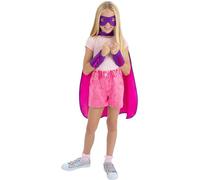 Smiffys Super Hero Kit, Pink with Cape, Eye Mask & Cuffs, Girls Fancy Dress, Superhero Dress Up Costumes