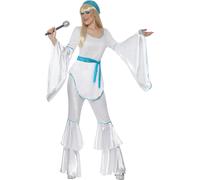 Smiffys Super Trooper Costume White with Top Trousers Hat and Belt Tie 1970 s