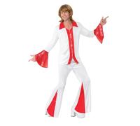 Smiffys Super Trooper Male Costume, White and Red 70s Disco Outfit for Men, Includes Flared Shirt and Matching Trousers, Retro Fancy Dress, Party and Event Wear, 70's band costume Halloween