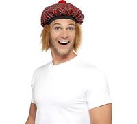 Smiffys Tam-O-Shanter Tartan Hat with Hair and Pom Pom