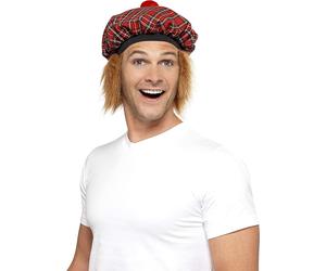 Smiffys Tam-O-Shanter Tartan Hat with Hair and Pom Pom