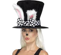 Smiffys Tea Party March Hare Top Hat, Black & White with Attached Rabbit Ears, Fairytale, Wings and Wands Fancy Fancy Dress, Adult Dress Up Hats