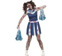 Smiffys Teen's Zombie Cheerleader Costume, Dress & Pom Poms, Colour: Blue and Wh