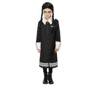 Addams Family Wednesday Costume Girls Halloween Fancy Dress Outfit + Wig