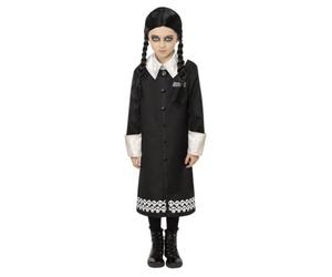 Smiffys The Addams Family Wednesday Child Costume, Black Dress with Skull Pattern and Wig, Officially Licensed Wednesday Addams Costume, Great for Halloween and Themed Events