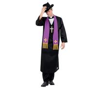 Smiffys The Exorcist Father Merrin Priest Costume for Adults, Robe, Inserted Collar, Stole, Cross Necklace & Hat, Official Exorcist License Costume with Hat & Collar Detail